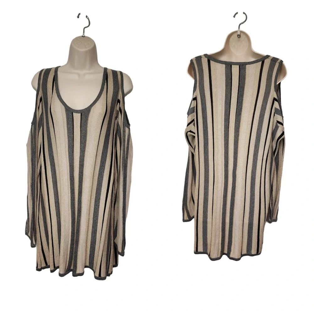 Jump & Onot Cold Shoulder Long Sleeve Stiped Black/ Gold Tunic Sweater Top 4